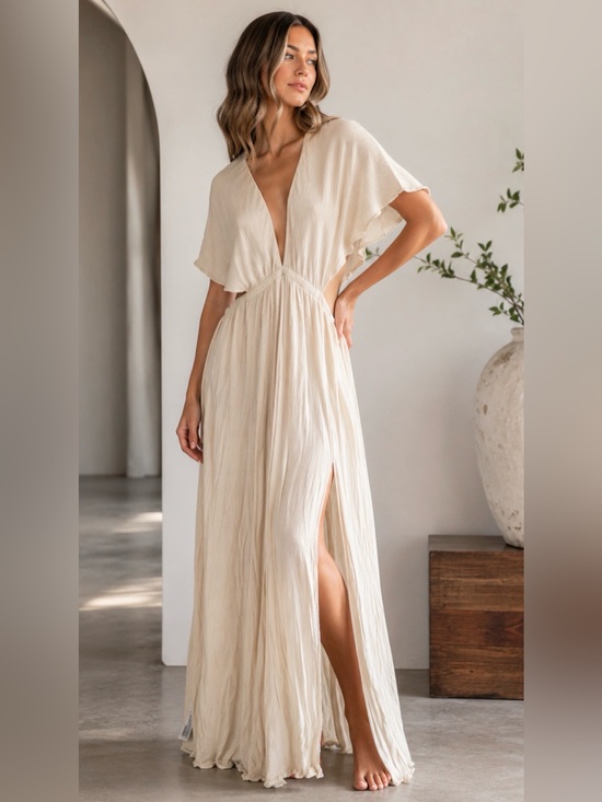 ASOS Dresses & Skirts - ASOS Cream Cutout Maxi Dress with Flutter Sleeves High Slit Boho Resort 8
